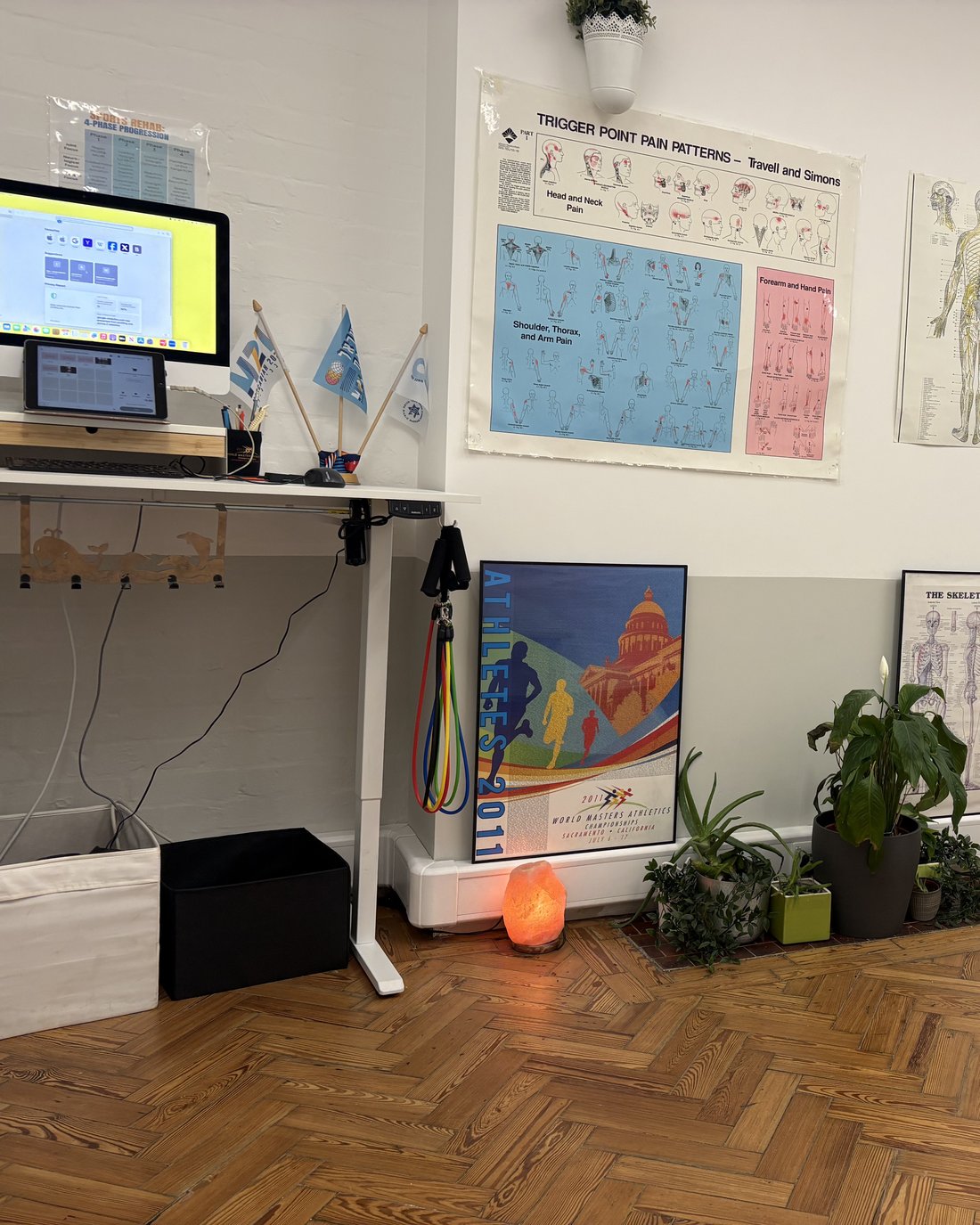 Treatment room at the City of London clinic with anatomical charts, a poster and a salt lamp